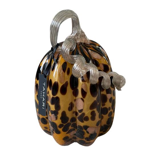 TAHARI Hand Blown Art Glass Tortoise Shell Pumpkin Amber Stem Designer Decor New - Picture 8 of 13